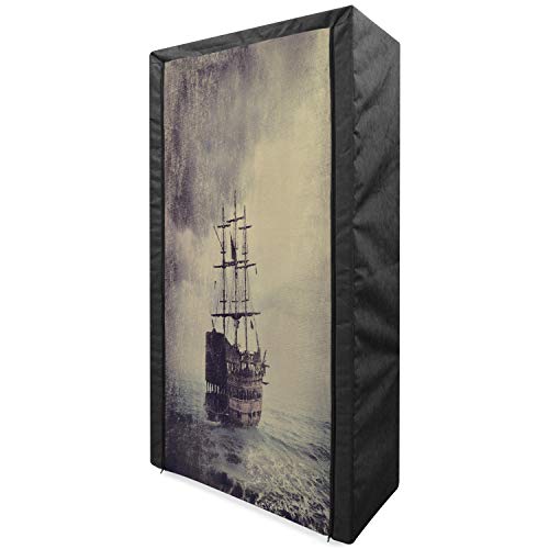 Ambesonne Nautical Portable Fabric Wardrobe, Old Pirate Ship in The Sea Historical Cruise Retro Voyage Grunge Style Art, Clothing Organizer and Storage Closet with Shelves, 42.5
