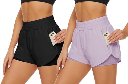 Fengbay 2 Pack Women's Running Shorts Elastic High Waisted Shorts Pocket Sporty Workout Athletic Shorts Pants