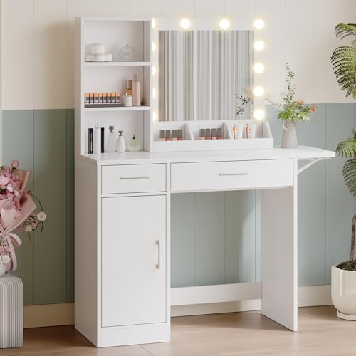 Makeup Vanity Desk with LED Lighted Mirror, Adjustable Brightness, Modern Dressing Table w/Storage Drawers & Cabinet for Bedroom Girls Women (White)