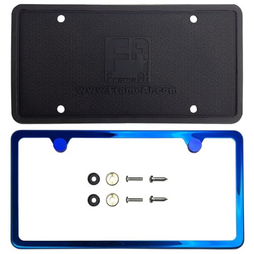 T304 Stainless Steel Two Holes Slim License Plate Frame Black Chrome Gun Metal Gray Electroplating Universal Fit Aluminum Screw On Cap Cover, Silicone Back Guard, Rust Proof (Qty: 1 Frame)