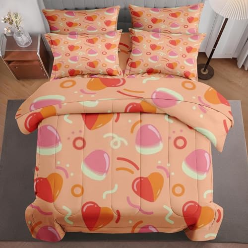 5 Pcs Comforter Set Twin Size, Rainbow Feather Blue Bed in a Bag with Flat Sheet and Fitted Sheet for Kids and Adults, Green Orange Red Bedding Set with Pillowcase & Sham