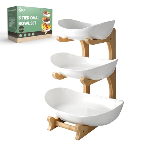 SEVEN SPARTA Fruit Bowl for Kitchen Counter - 3 Tier Ceramic Serving Bowls with Bamboo Stand, Tiered Fruit Basket for Fruit Vegetable Storage, Cake, Dessert, Nuts, Snack, Salad (Dishwasher safe)