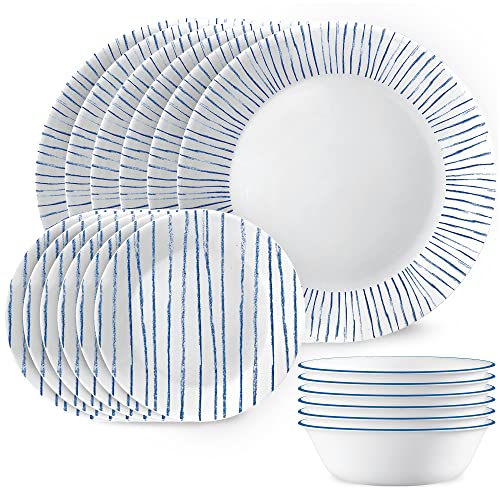 Corelle Vitrelle 18-Piece Service for 6 Dinnerware Set, Triple Layer Glass and Chip Resistant, Lightweight Round Plates and Bowls Set, City Block