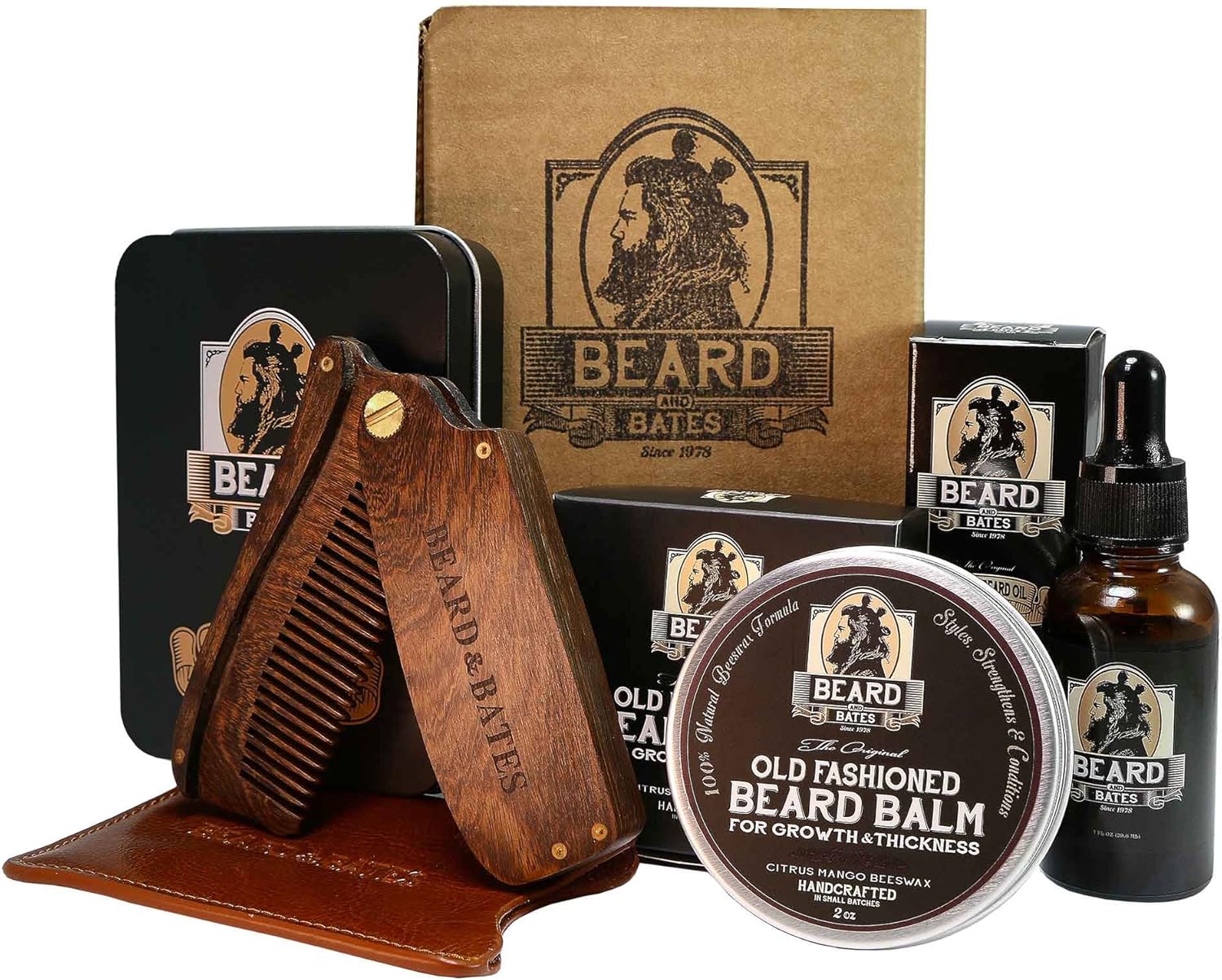 Beard & Bates | Grooming Essentials Beard Kit | Premium 19th Century Beard Balm, Organic Beard Oil, Luxury Sandalwood Switchblade Folding Comb, and Genuine Engraved Leather Pouch