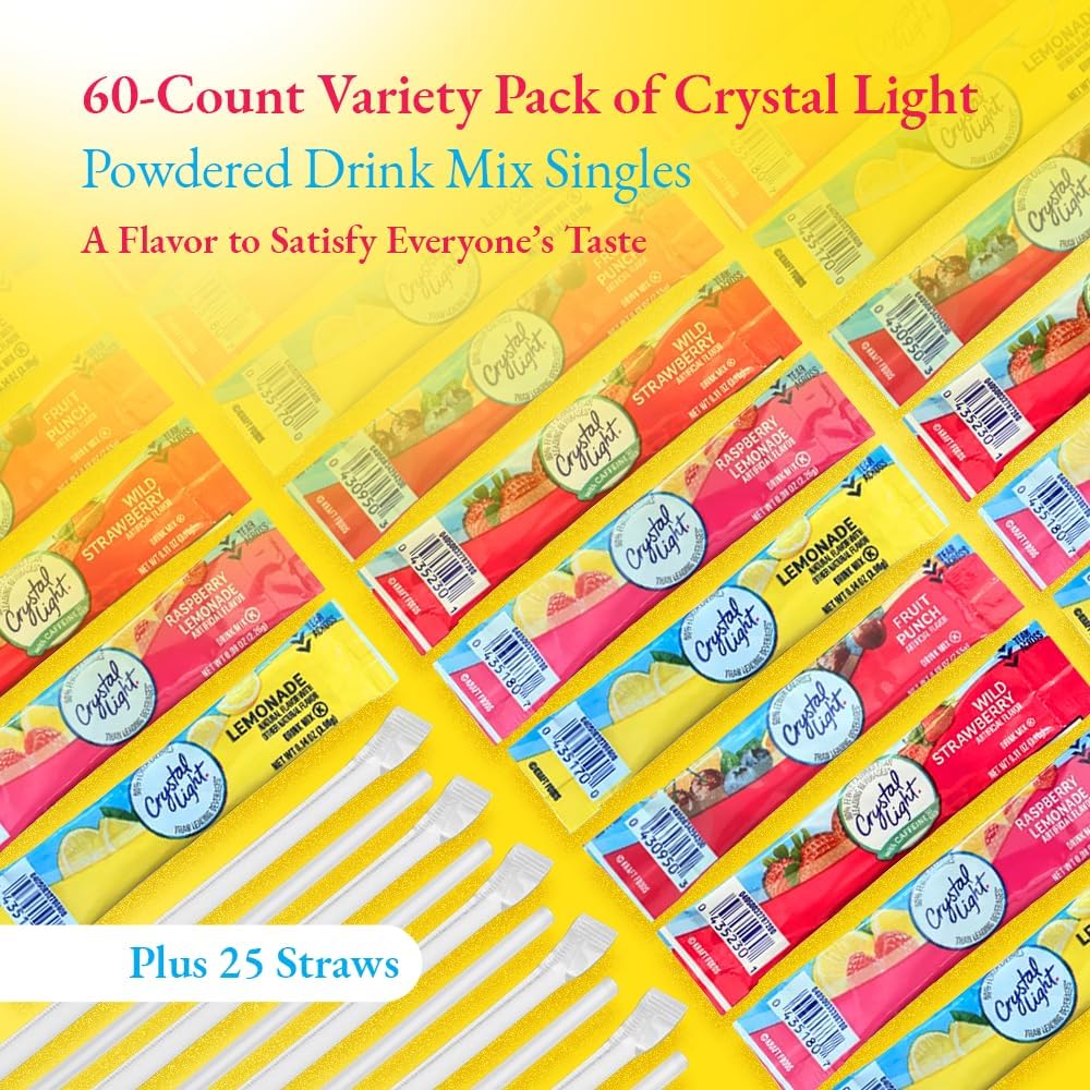 Generic Crystal Light Lemonade, Fruit Punch, Raspberry Lemonade & Wild Strawberry Sugar-Free Powdered Drink Mix Variety Pack, 60 Count With 25 Straws, Fits 16.9 oz Bottles