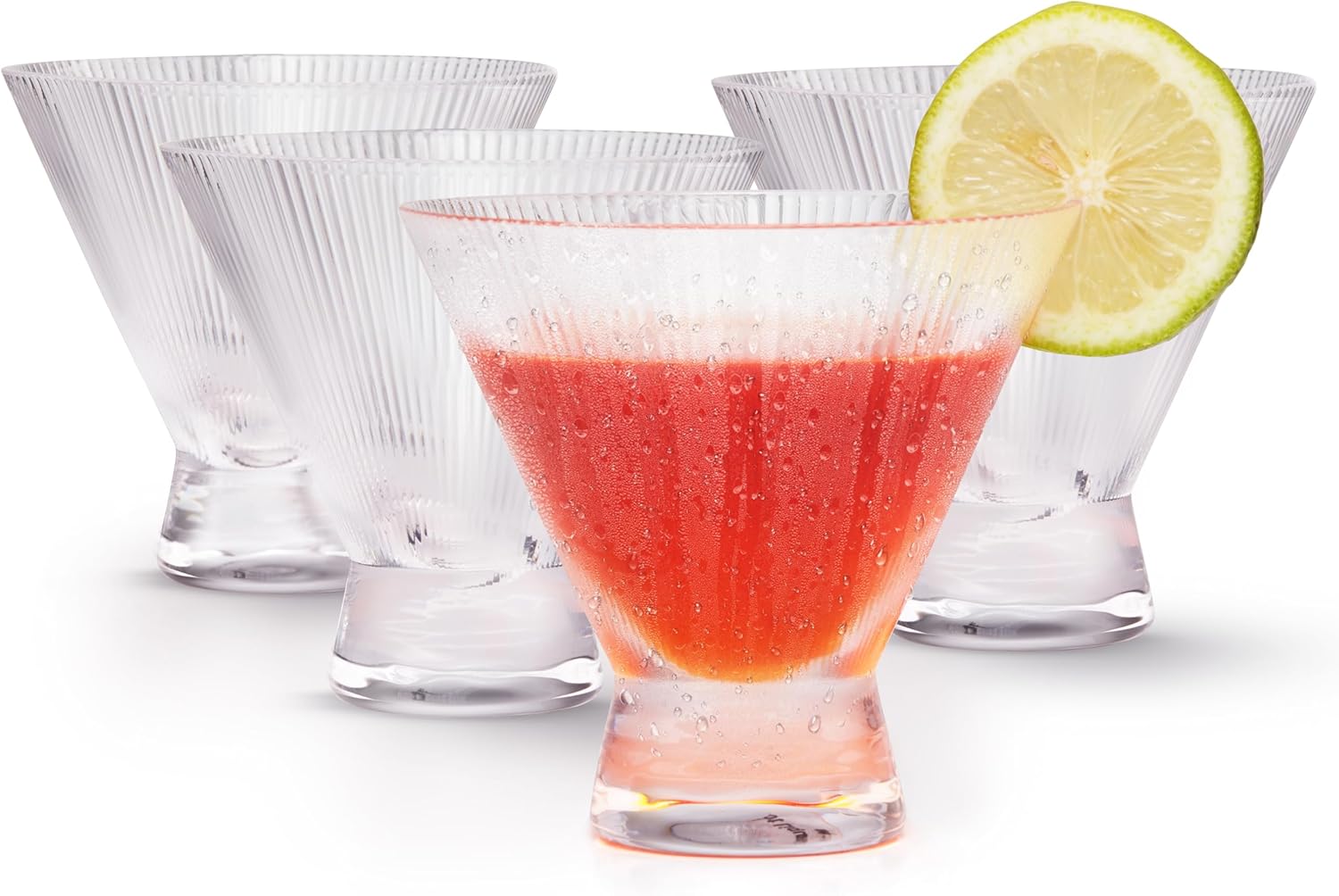 KooK Stemless Ribbed Martini Glasses, Footed Drinking Cups, Great for Cocktails, Margaritas, Liquor, Desserts and More, Dishwasher Safe, Clear, 9 oz, Set of 4