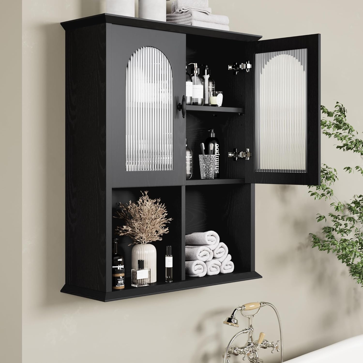 CJL Bathroom Wall Cabinet with Fluted Door, 23.6'' x 29.5'' Medicine Cabinet, Over The Toilet Storage Cabinet, Black
