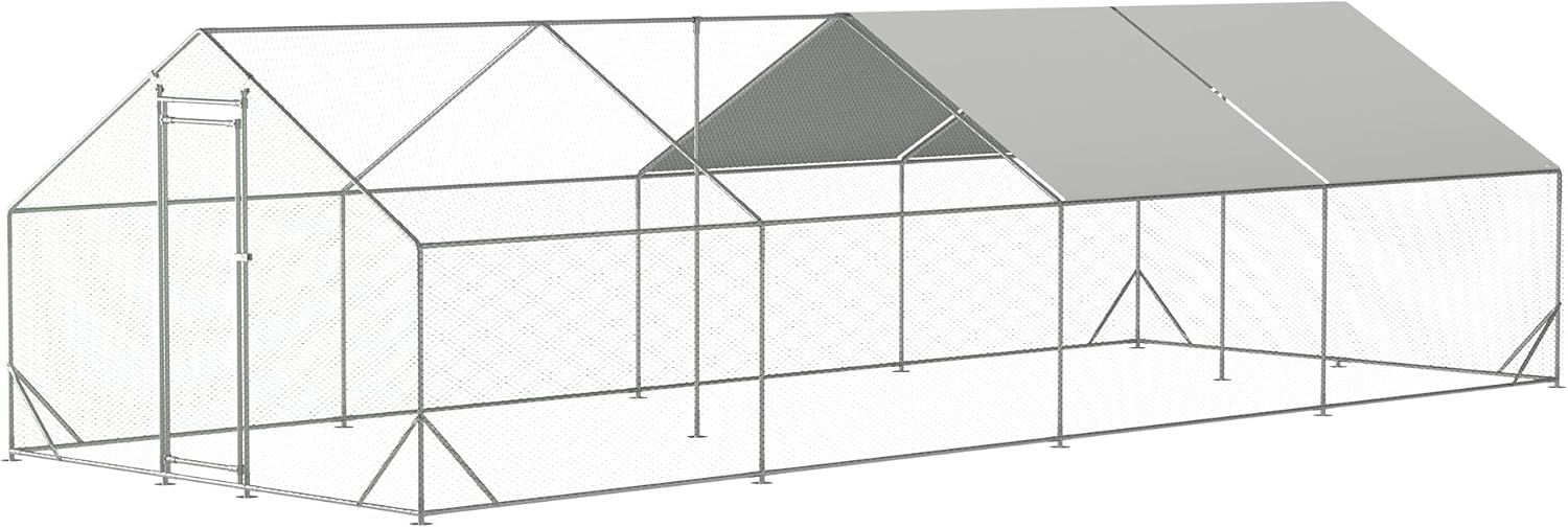 Spire Shaped Metal Chicken Coop, Outdoor Large Walk-in Poultry Cage Run, Hen House with Waterproof and Anti-UV Cover for Outside Backyard Farm Use (10' L x 26' W x 6.56' H)