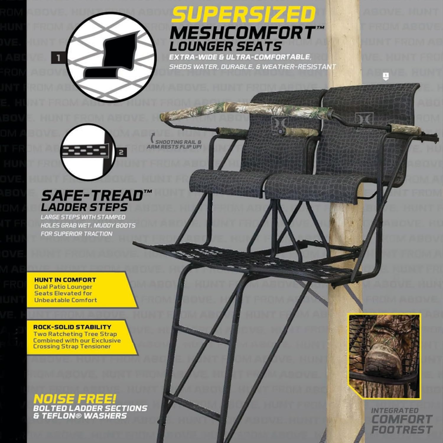 Hawk 18' Big Denali 2-Man Ladder Stand | Durable Hunting Archery 2 Person Steel Tree Stand with 2 Seats, Contoured Backrest, Flip Back Shooting Rail & Integrated Footrest