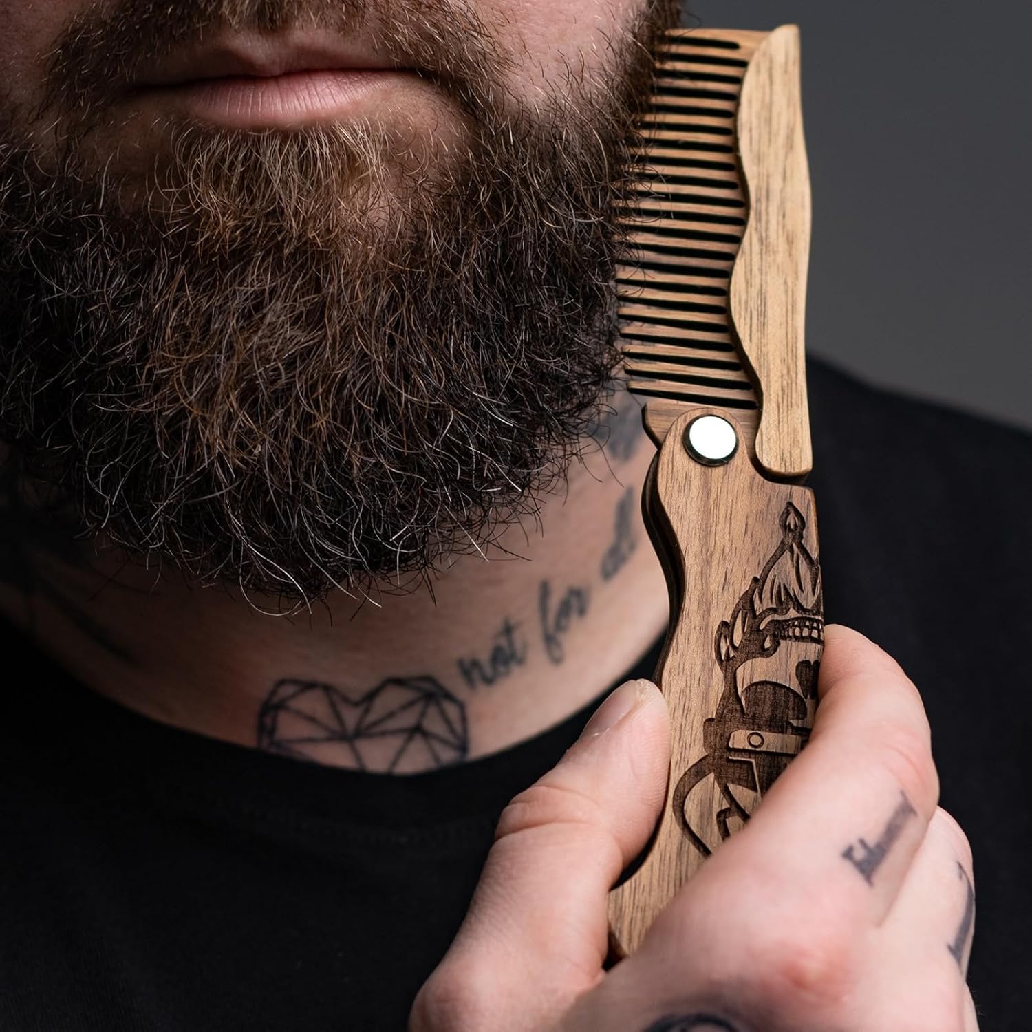 Beard Comb for Men Pocket Folding Combs for Mustache & Hair Travel Natural Wooden Comb with Real Man Engraving - Perfect for Use w/Beard Balm Oil (Wavy Viking) Light Brown
