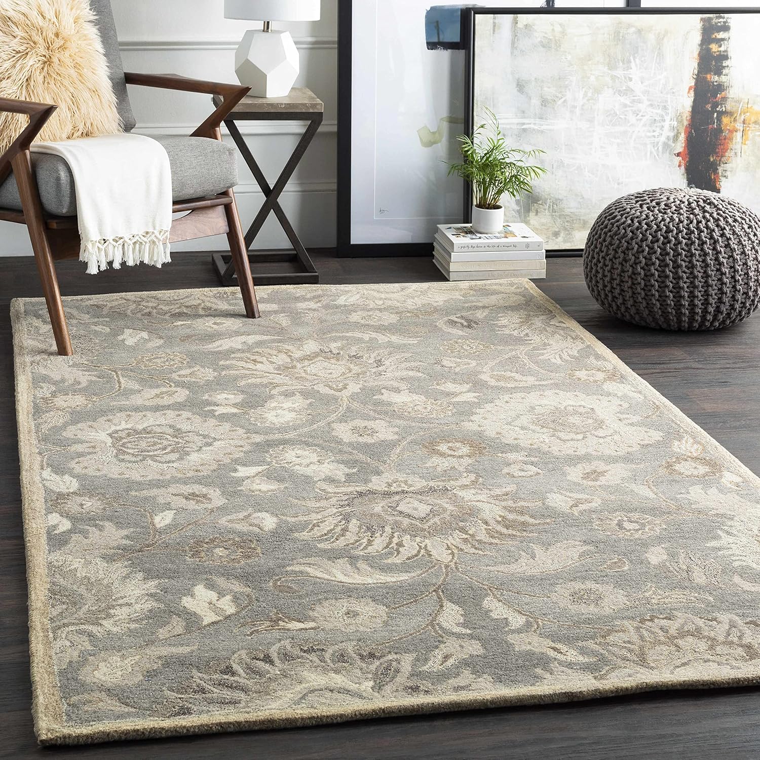 Hauteloom Elkins Wool Living Room, Bedroom Farmhouse Area Rug - Traditional Floral Carpet - Bohemian Paisley Vibe - Gray, White, Brown, Neutral - 5' x 8'