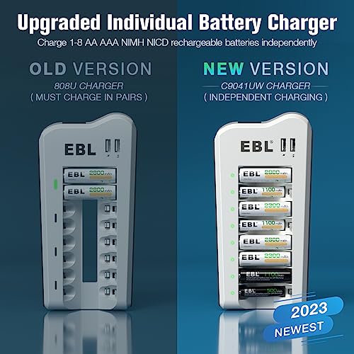 EBL Battery Charger with AA AAA Batteries - 8Bay Battery Charger and 4pcs AA Rechargeable Batteries 2800mAh & 4pcs AAA Battery NiMh Battery