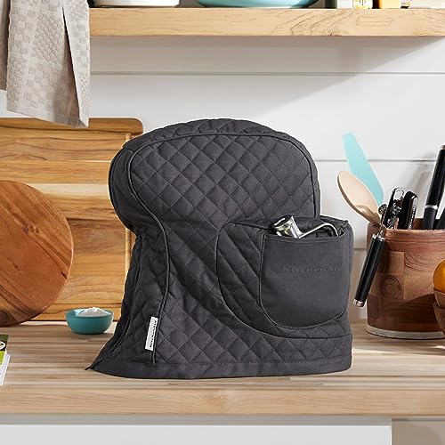 KITCHENAID Fitted Tilt-Head Solid Stand Mixer Cover with Storage Pocket, Quilted 100% Cotton, Grey, 14.4