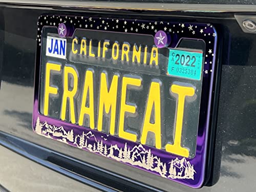 Black Smoke Chrome Titanium Gun Metal Laser Etched Mountain View Stars Wild Life T304 Stainless Steel License Plate Frame Holder with Metal Screw Caps Cover (Qty: 1 Frame)