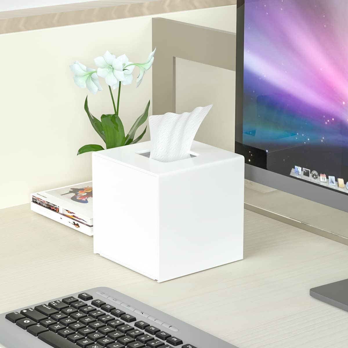 HIIMIEI Acrylic Tissue Box Cover 5.4x5.4x5.4'' Tissue Holder Napkin Dispenser for Home Office Restaurant-White