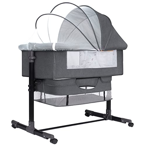 Bassinet Bedside Sleeper, 3 in 1 Bedside Bassinet for Baby with Mosquito Nets and Wheels, Large Storage Bag, Heigt Adjustable, Easy Assemble