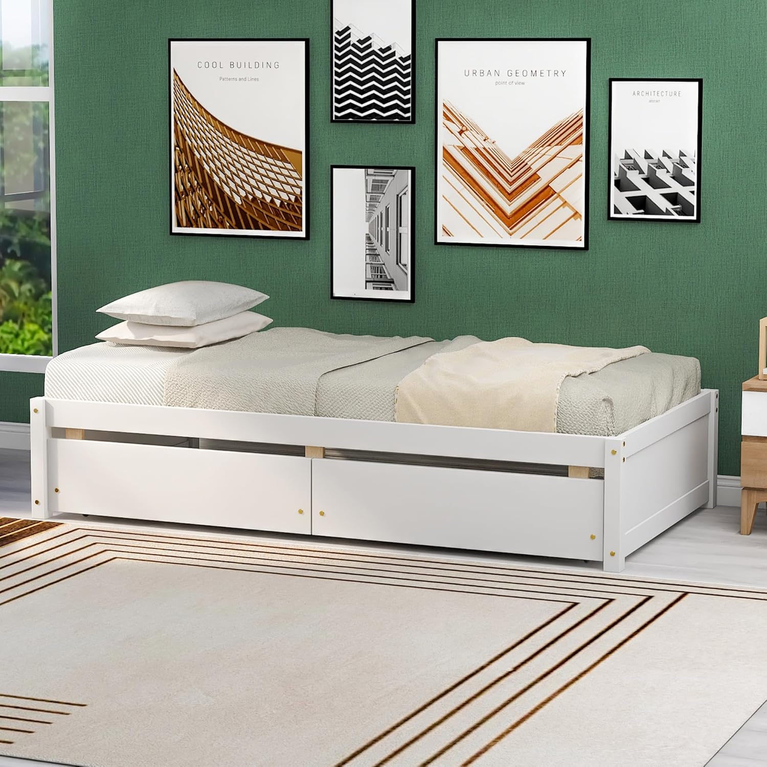 Bellemave Twin Bed Frame with 2 Storage Drawers,Solid Wood Daybed for Kids,Single Twin Bed,Box Spring Needed,White