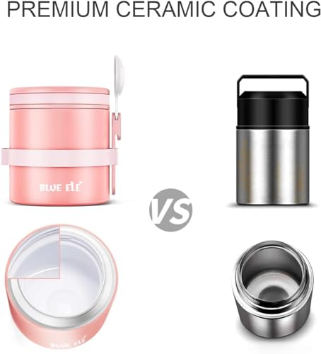 BLUE ELE Leakproof, Vacuum Insulated Thermos Hot Lunch Containers with Ceramic-Coated Stainless Steel, Easy Grip Lid, and Folding Spoon, 13.5oz, Carnation Pink