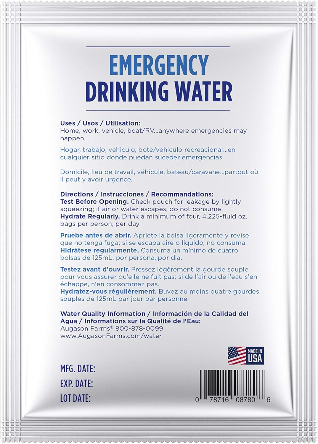 Augason Farms Emergency Drinking Water 4.22 oz (Pack 100), White/Blue, 3.3