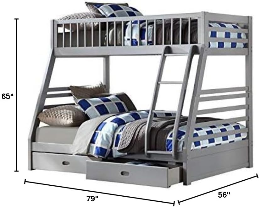 Pemberly Row Twin Over Full Bunk Bed with 2 Drawers in Gray