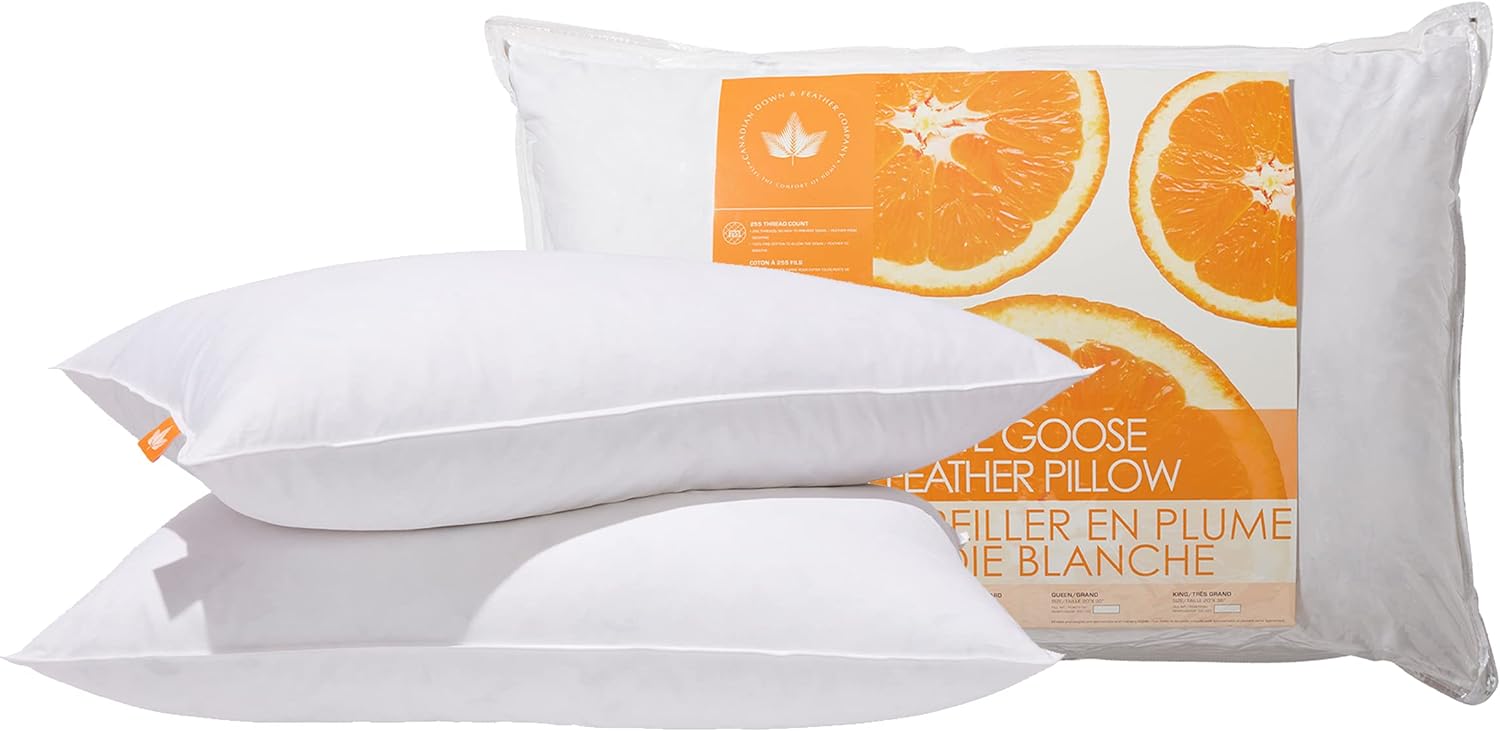 Canadian Down & Feather Co. - 2 Pack Soft Support White Goose Feather Pillow King Size - 255 TC Shell 100% Cotton - Filled in Canada
