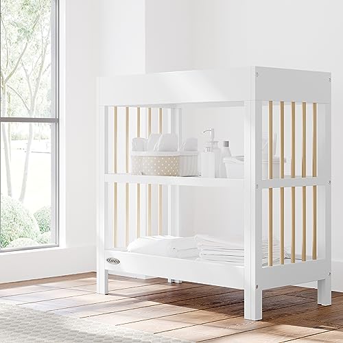 Graco Teddi Changing Table with Water-Resistant Changing Pad (White with Driftwood) - GREENGUARD Gold Certified, Includes Bonus Water-Resistant Changing Pad with Safety Strap, 2 Shelves, Easy-to-Match