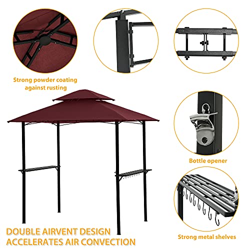 HomVent 8'X 5' Grill Gazebo Shelter, Steel Frame Double Tier Soft Top Outdoor BBQ Gazebo Canopy with Hooks and Bar Counters for Patio Backyard (Red)