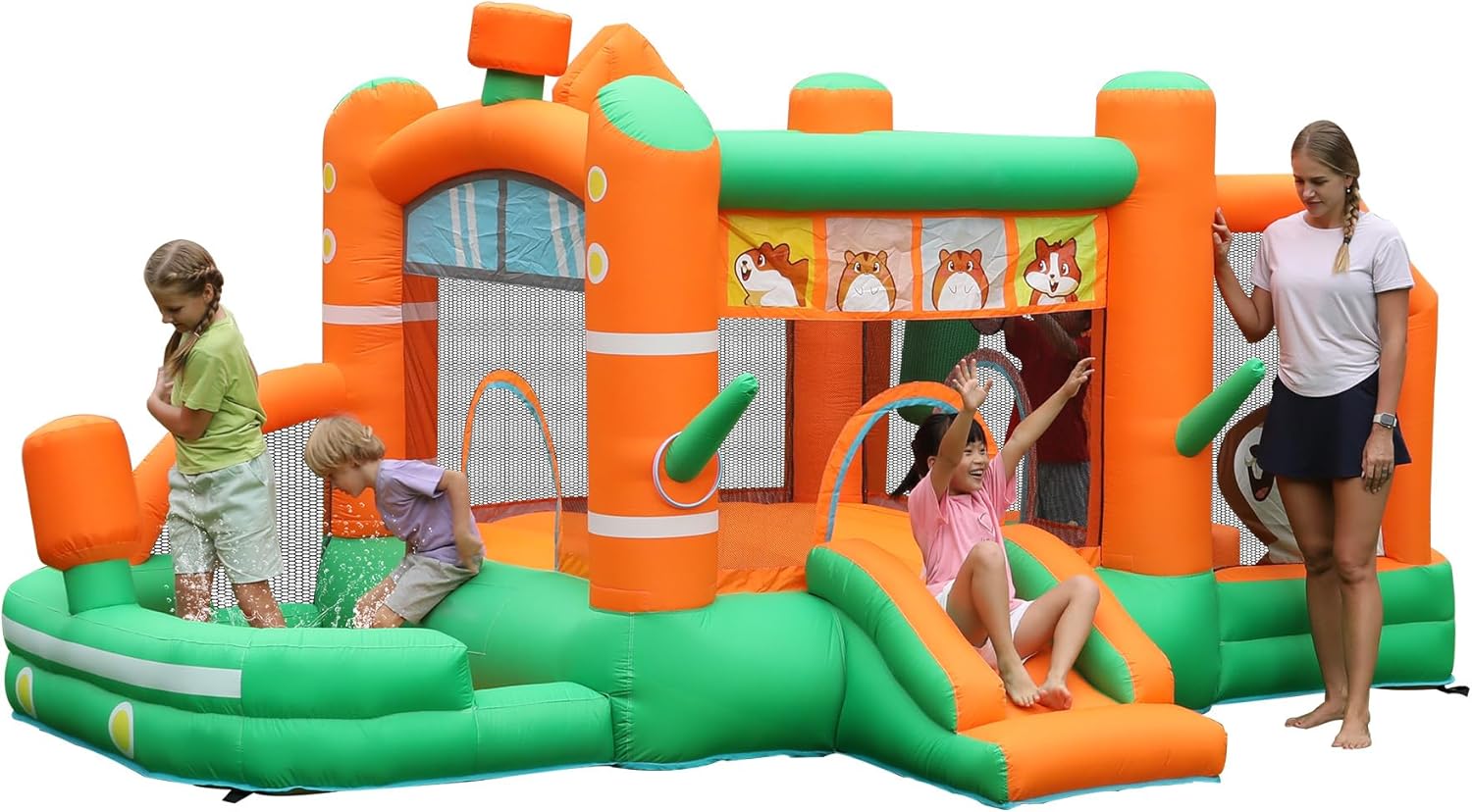 Bounce House Inflatable Slide Hamster Jumping Castle Kids Bouncy Castle with Blower,Ball Pit,Target Game,Toss Ring,Basketball Rim for Wet and Dry