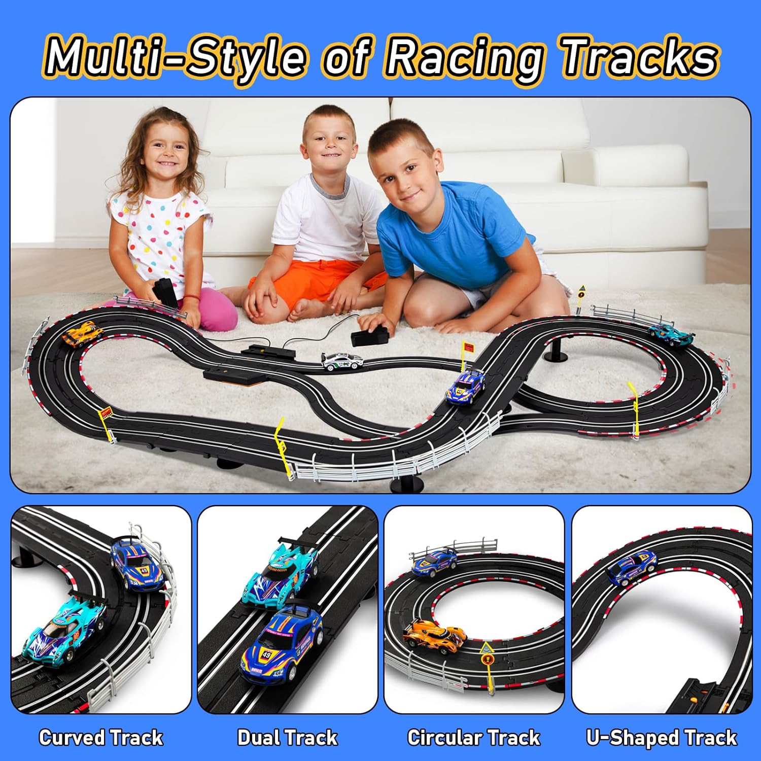 Electric Slot Car Race Track Sets - Race Car Track Sets with 4 High-Speed Slot Cars 1:43 with Headlights, 2 Hand Controllers, Dual Racing Game Lap Counter, Birthday, Toys for Children