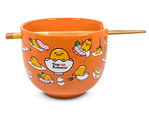 Silver Buffalo Sanrio Gudetama x Nissin Top Ramen Japanese Ceramic Dinnerware Set | Includes 20-Ounce Ramen Noodle Bowl and Wooden Chopsticks
