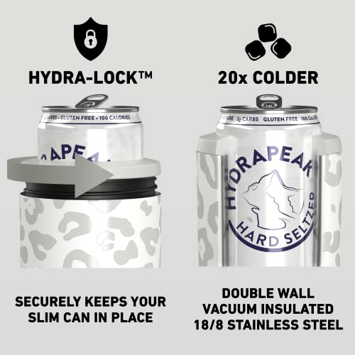Hydrapeak 4-in-1 Insulated Bottle and Can Cooler - Fits 12 oz Slim Cans, Standard 12 oz Cans, and 12oz Beer Bottles | Stainless Steel Double Wall Vacuum Insulated Universal Can Cooler (Black Leopard)