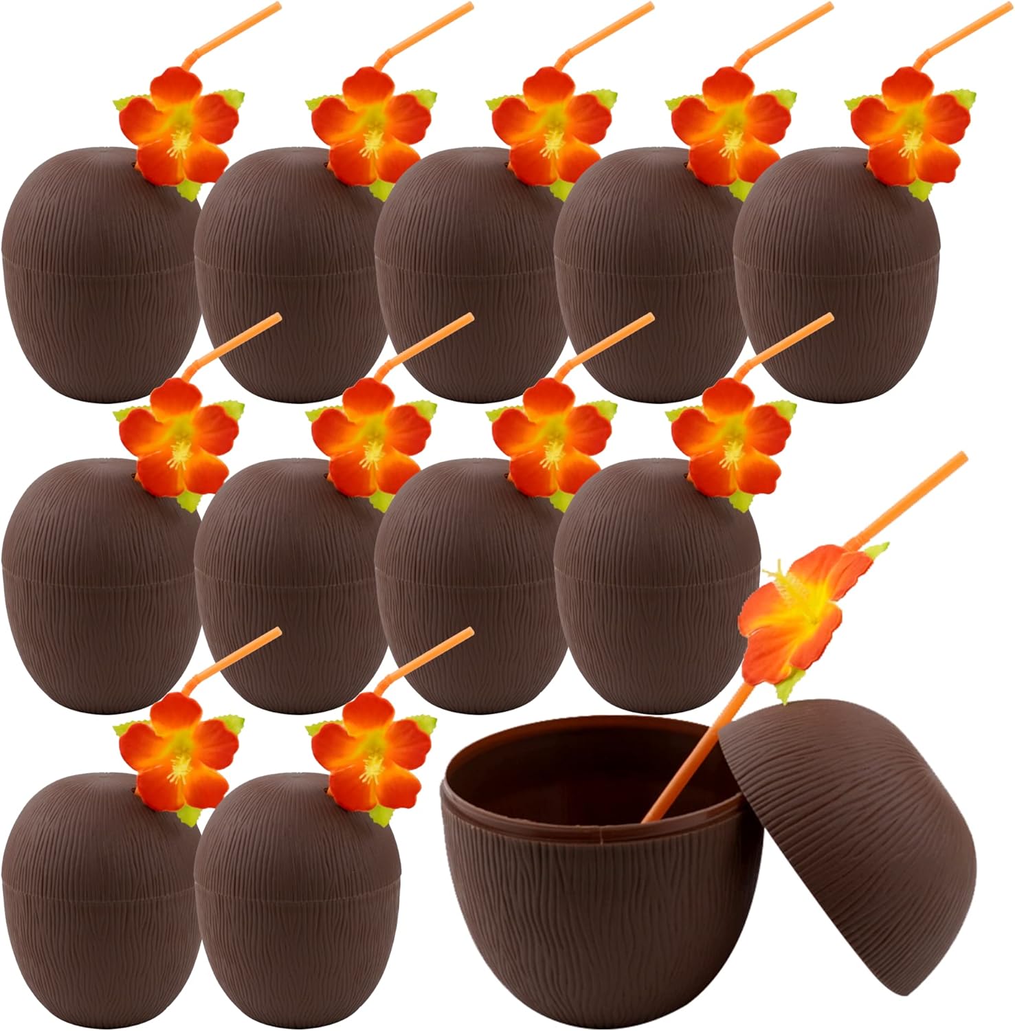12-Pack Coconut Cups - Luao Hawaiian Themed Party Cups with Flower Straw and Twist Close Lid 16oz Moana Cups for Outdoor, Beach, Pool, Kids Birthday, Tropical Tiki, Party Decorations