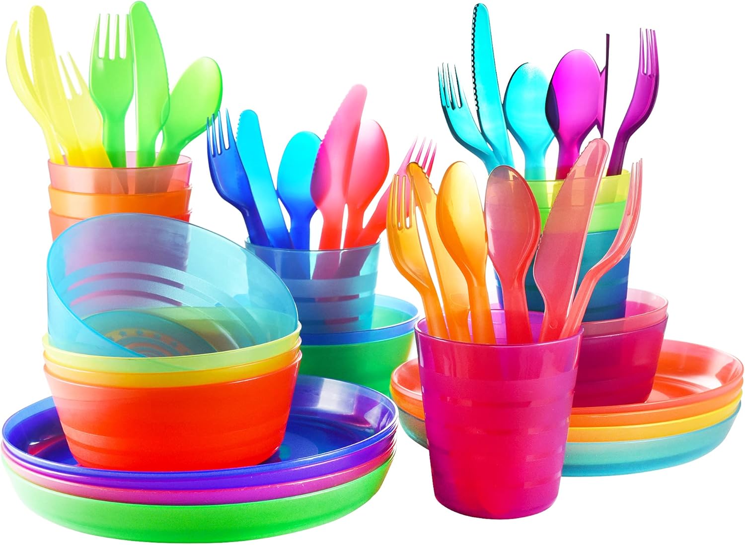 Plastic Dinnerware Set - 8 Piece Cookware Set Include Kids Cups, Plates, Bowls, Flatware Set - Dish Set with Rainbow Colours - Dishwasher and Microwave Safe BPA Free for Kids and Toddler