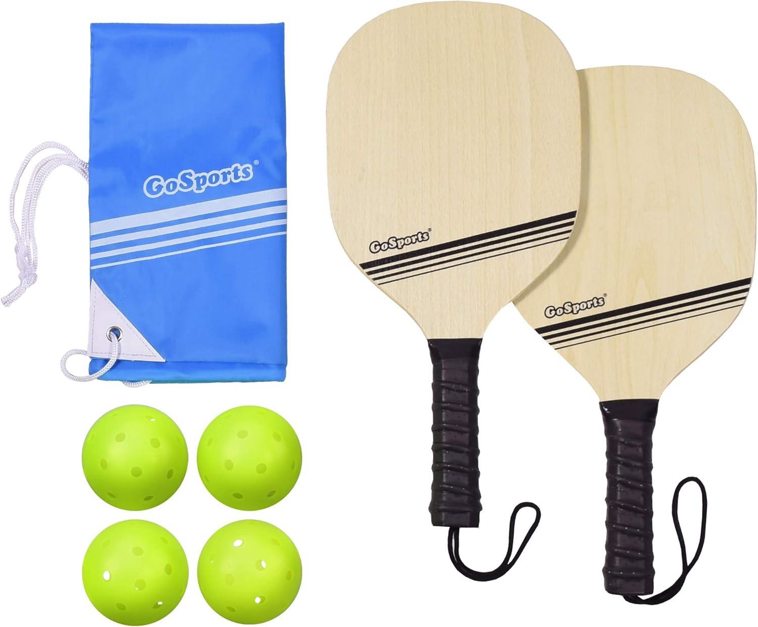 GoSports Wood Pickle Ball Starter Set - Includes 2 Wooden Paddles, 4 Official Pickleballs & Backpack Tote