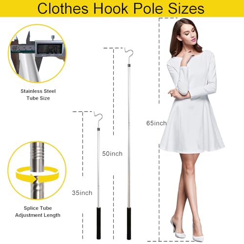 Clothes Hook Pole, Clothes Hanger Reaching Hook for Hanging Clothes Light and Plants Extendable from 35