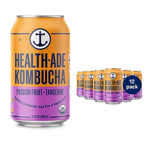 Health-Ade Canned Kombucha Tea Organic Drink, Fermented Tea with Living Probiotics, Detoxifying Acids, Supports Gut Health, Non-GMO, Vegan, Gluten Free, 12 Pack (11.5 Fl Oz Cans), Passion Fruit-Tangerine Kombucha in Cans