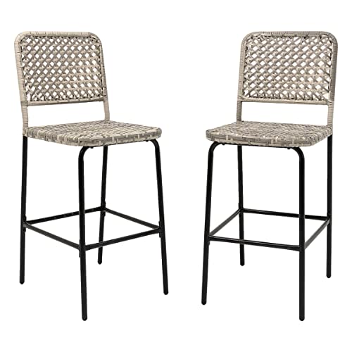 Sundale Outdoor Patio Bar Stools Set of 4, Hand Woven PE Rattan Hollow Back Armless Barstools for Deck Yard Porch, All-Weather Gradient Grey Wicker Outside Tall Chair Set