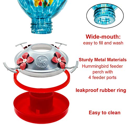 Hummingbird Feeder with Perch - Hand Blown Glass - Red - 38 Fluid Ounces Hummingbird Nectar Capacity Include Hanging Wires and Moat Hook