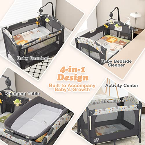 BABY JOY 4 in 1 Pack and Play, Baby Bedside Sleeper with Bassinet, 3 Adjustable Heights, Music Box, Easy to Install, Foldable Bedside Crib w/Changing Table, Playards from Newborn to Toddlers