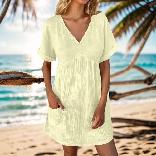T Shirt Dress for Women Summer Casual V Neck Short Sleeve Dress Solid Loose Comfy Beach Mini Dress with Pockets