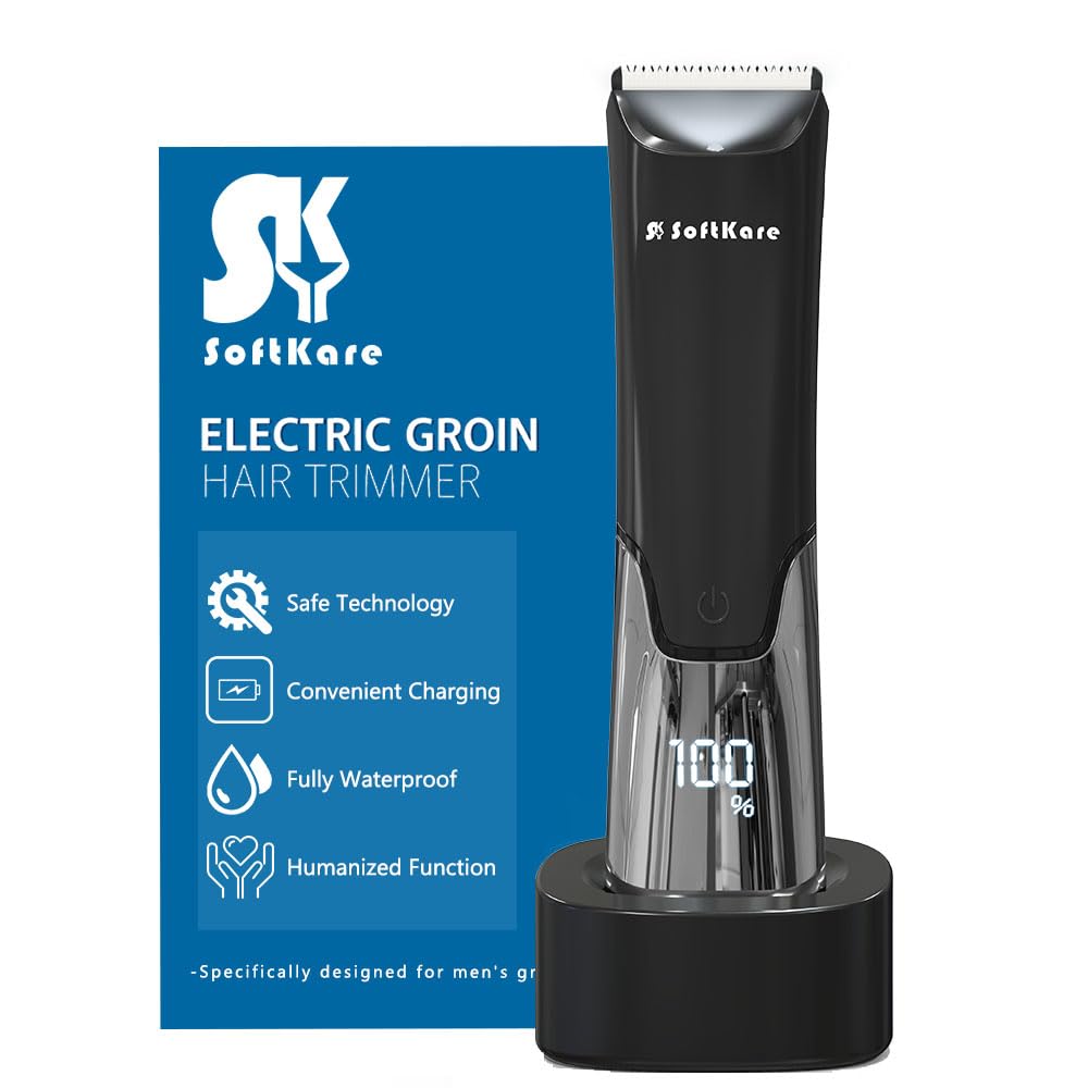 SoftKare Groin Hair Trimmer for Men - Safe Ball Shaver, Replaceable Ceramic Blade Heads & Charging Base, Electric Body Groomer with Light Power Display, Waterproof Wet / Dry Use Male Razor Black