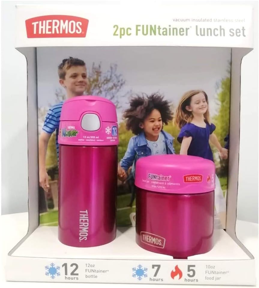 Thermos FUNtainer Lunch Set Bottle and Food Jar for Kids BPA Free Dishwasher Safe, 2 PC (Pink, 2 PC Set)