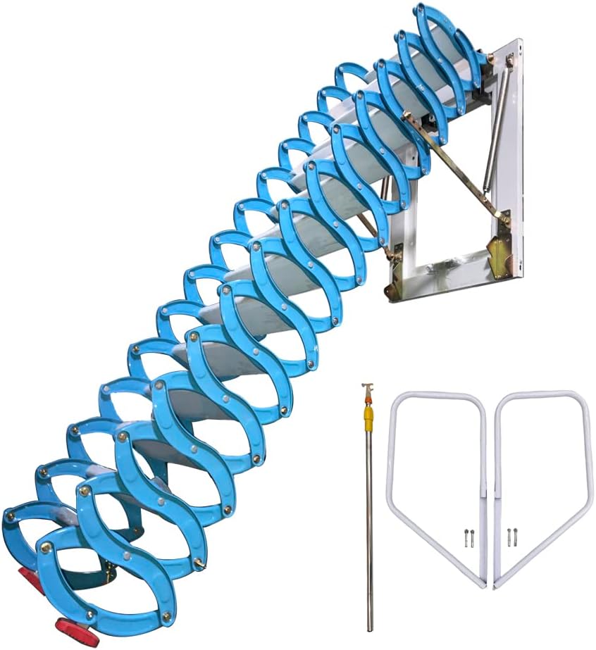 INTBUYING 12 Pedals Blue-white Loft Large Wall Ladder, Wall Mounted Attic Extension Folding Stair Al-Mg Alloy Material Max 9.8 ft Vertial Height with Two Armrests and Long Pull Rod