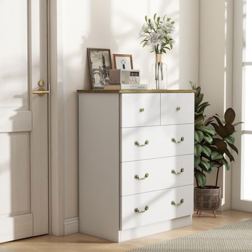 Bonzy Home 5 Drawer Dresser for Bedroom, Retro Chests of Drawers with Metal Handle, 37
