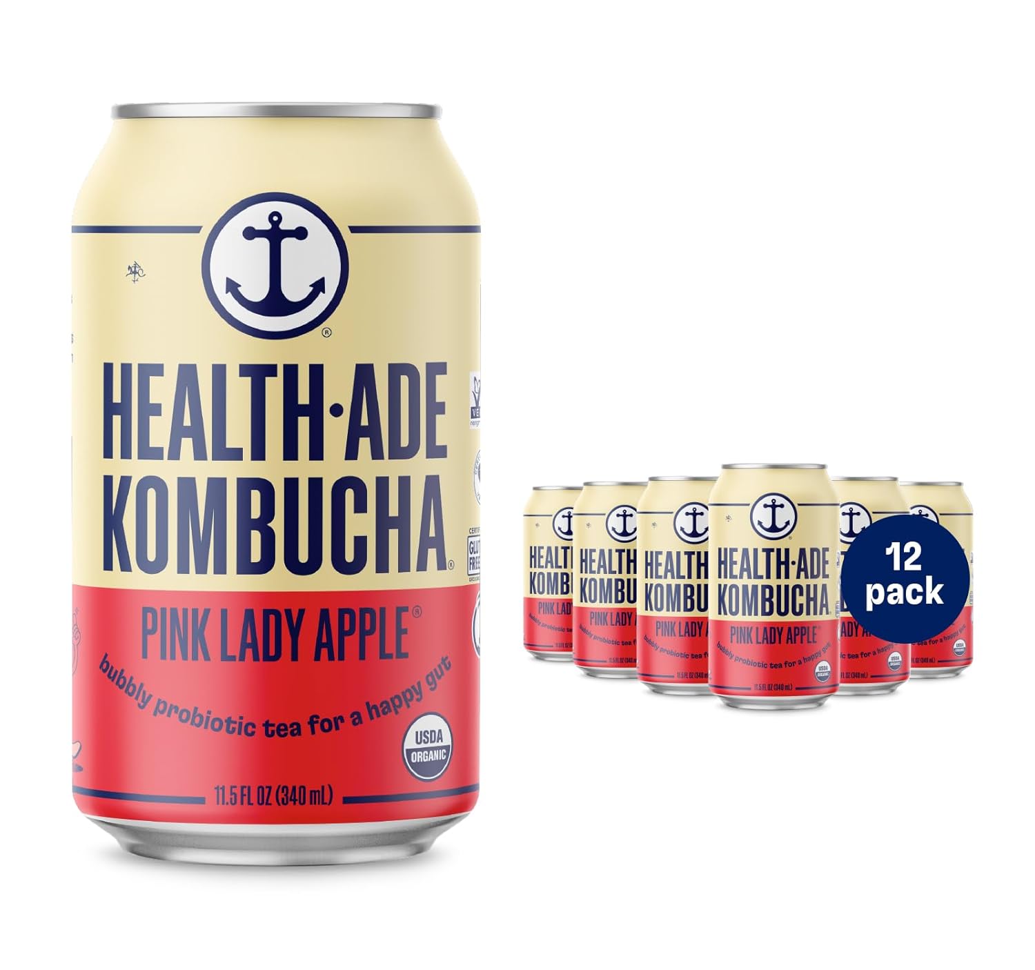 Health-Ade Canned Kombucha Tea Organic Drink, Fermented Tea with Living Probiotics, Detoxifying Acids, Supports Gut Health, Non-GMO, Vegan, Gluten Free, 12 Pack (11.5 Fl Oz Cans), Pink Lady Apple® in Cans