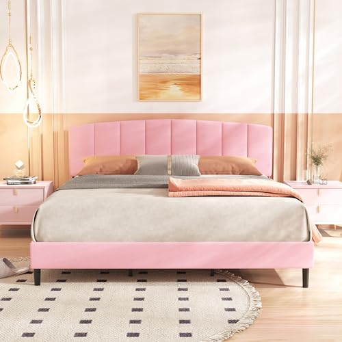alazyhome Upholstered Full Size Pink Platform Bed Frame with Velvet Upholstered Headboard Wooden Slats Support No Box Spring Needed Easy Assembly