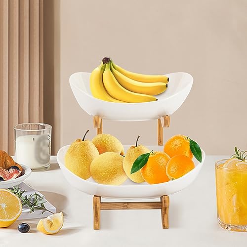 2 Tier Fruit Bowl Basket Bamboo Ceramic Fruit Storage Bowl Tray for Kitchen Counter Fruit Vegetable Storage Organizer Decorative Fruit Stand Rack for Snack Dessert Vegetable (Khaki)