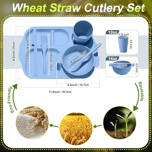 24 Pcs Wheat Straw Dinnerware Cutlery Sets, Kids Toddlers Divided Plates Unbreakable Bowl Microwave Dishwasher Safe Tableware Cutlery Spoon Knife Fork Cup (Dark Blue)