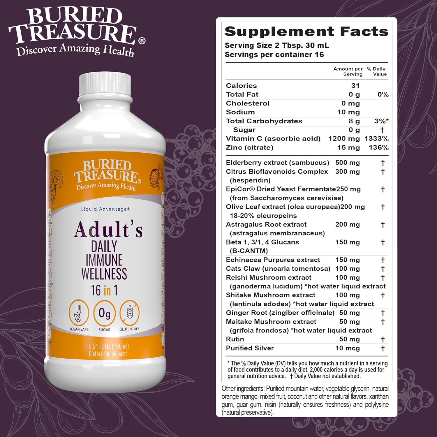 Buried Treasure Adult Daily Immune Wellness 16 Fl oz. Immune Booster with Elderberry Echinacea, Vitamins