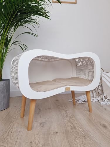 Wicker Cat Bed, Infinity on Legs - White Version with A Beige Mattress - Indoor Kitten House, Basket and Couch with Thick & Durable Plywood - 100% Polish Product